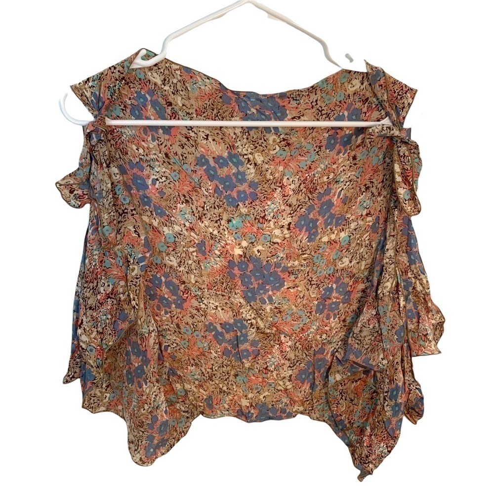 Women's Sleeveless Open Blouse Tie Strap Ruffle Tan Blue Pink Teal Floral